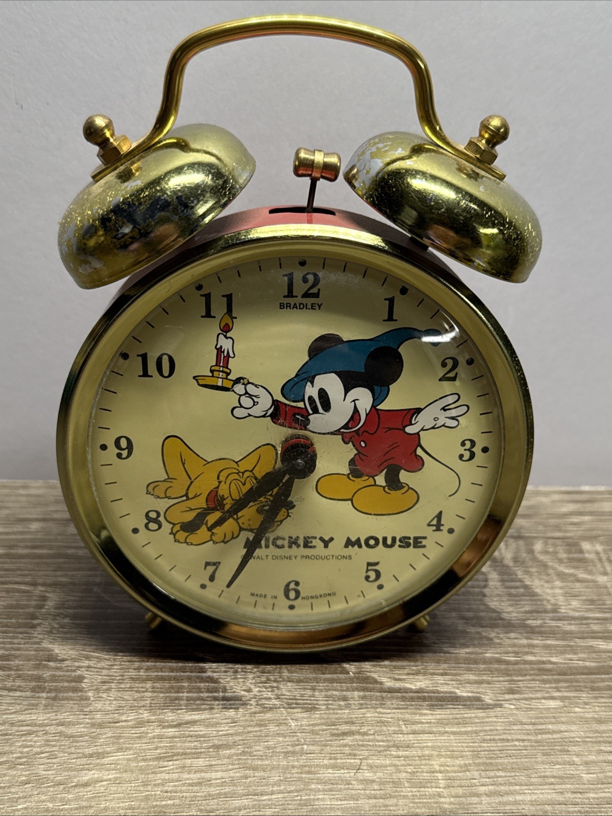 Vintage Bradley Disney Mickey Mouse Pluto Twin Bell Alarm Clock Hong Kong Windup