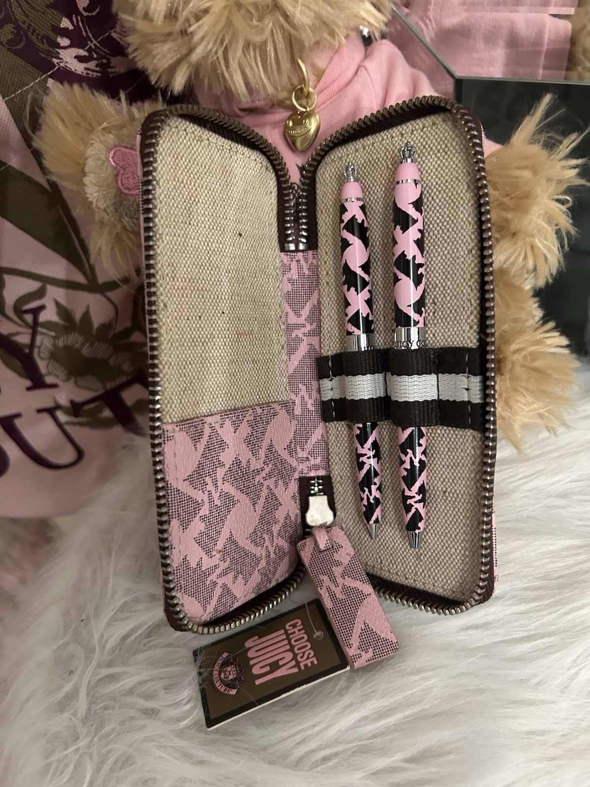 RARE NWT Vintage Juicy Couture Pink Scottie Dogs Monogram Pen Pencil In Case