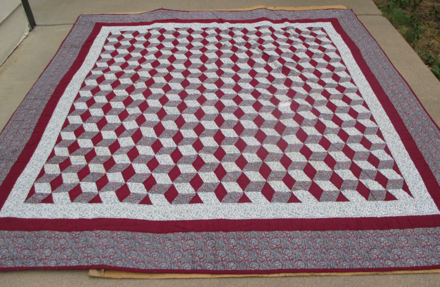 Vintage Quilted Patchwork Tumbling Blocks Diamomd 3D Quilt Hand Sewn 78