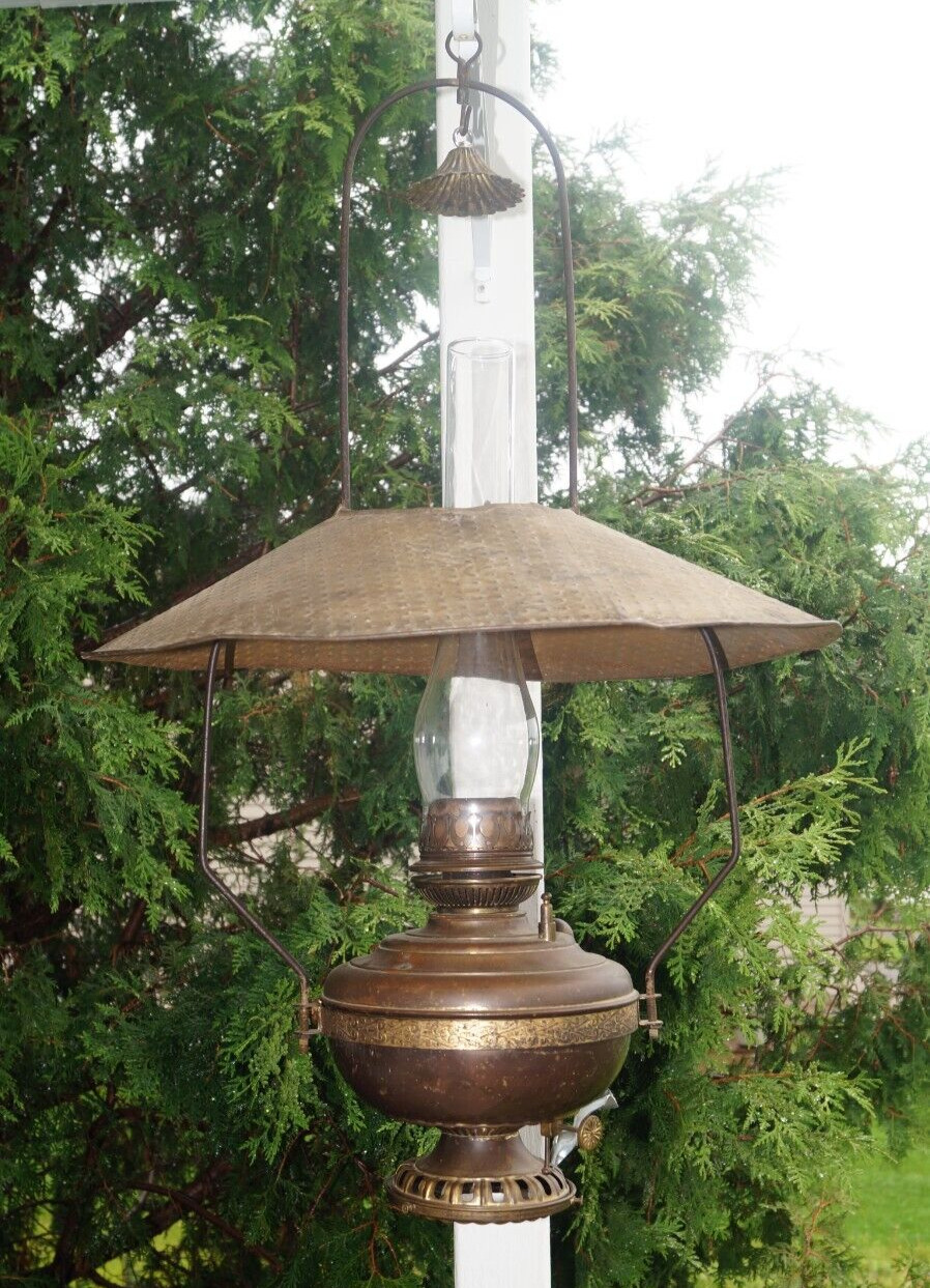 Antique 1890s Brass Hanging Oil Lamp - METAL SHADE Frame & Smoke Bell - UNUSUAL