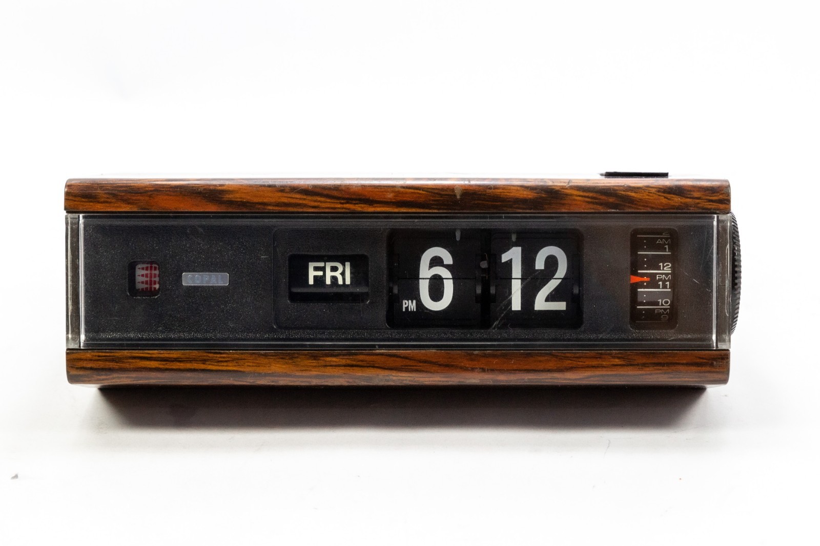 Vintage 1970s Copal 229 Flip Clock Alarm Day Woodgrain Japan Mad Men Working