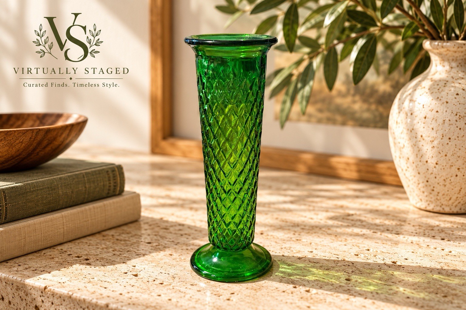 Vintage E.O. Brody Co Emerald Green Diamond Pattern Glass Bud Vase 7 1/2”  