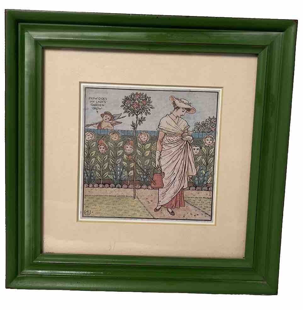 VTG Framed Picture How Does My Lady\'s Garden Grow Matted Wood Green Frame Mexico