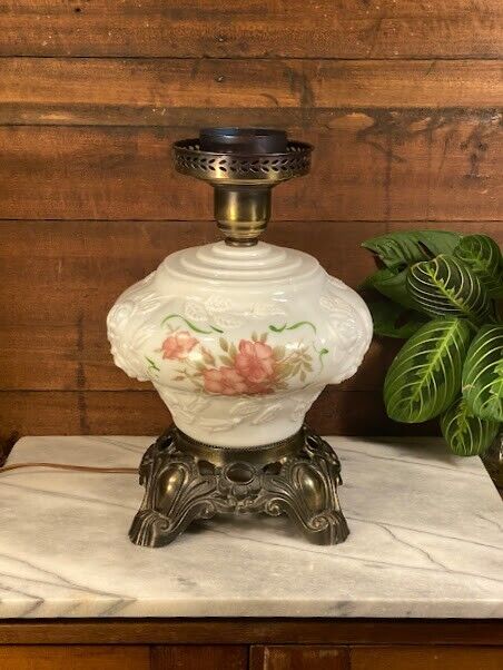 Vintage Phoenix Milk Glass Gone With The Wind Hurricane Lamp Base Wild Rose #906