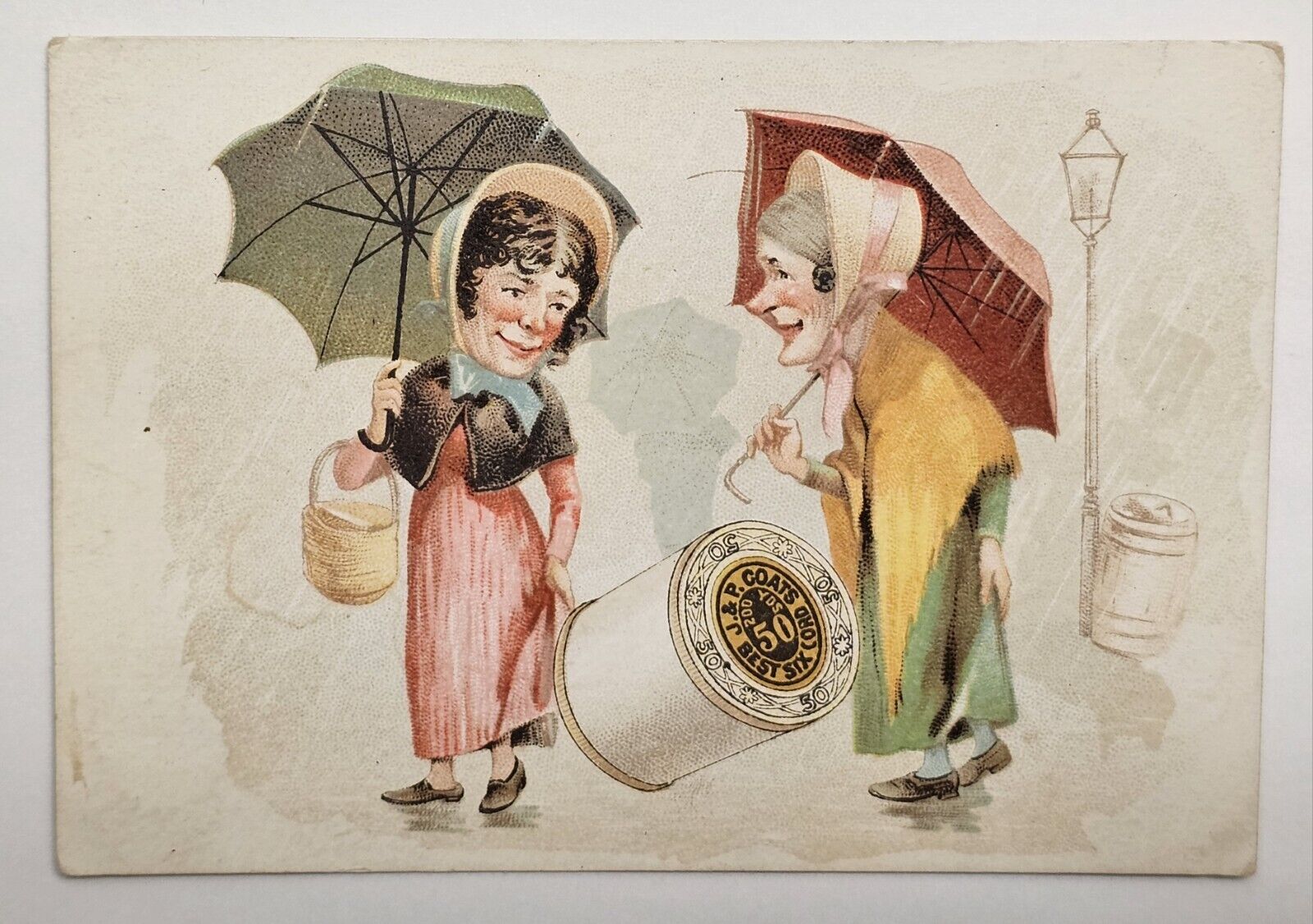 1870's-80's J & P Coats Six Cord Thread Old Ladies In Rain Victorian Trade Card