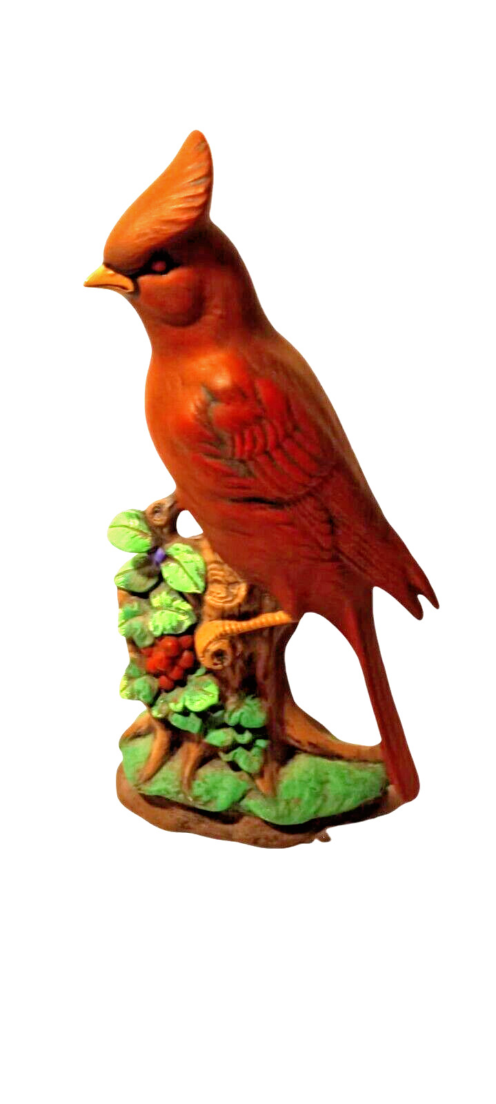 VINTAGE HAND PAINTED RED CARDINAL CERAMIC BIRD FIGURE ON LEAF WITH RED BERRIES