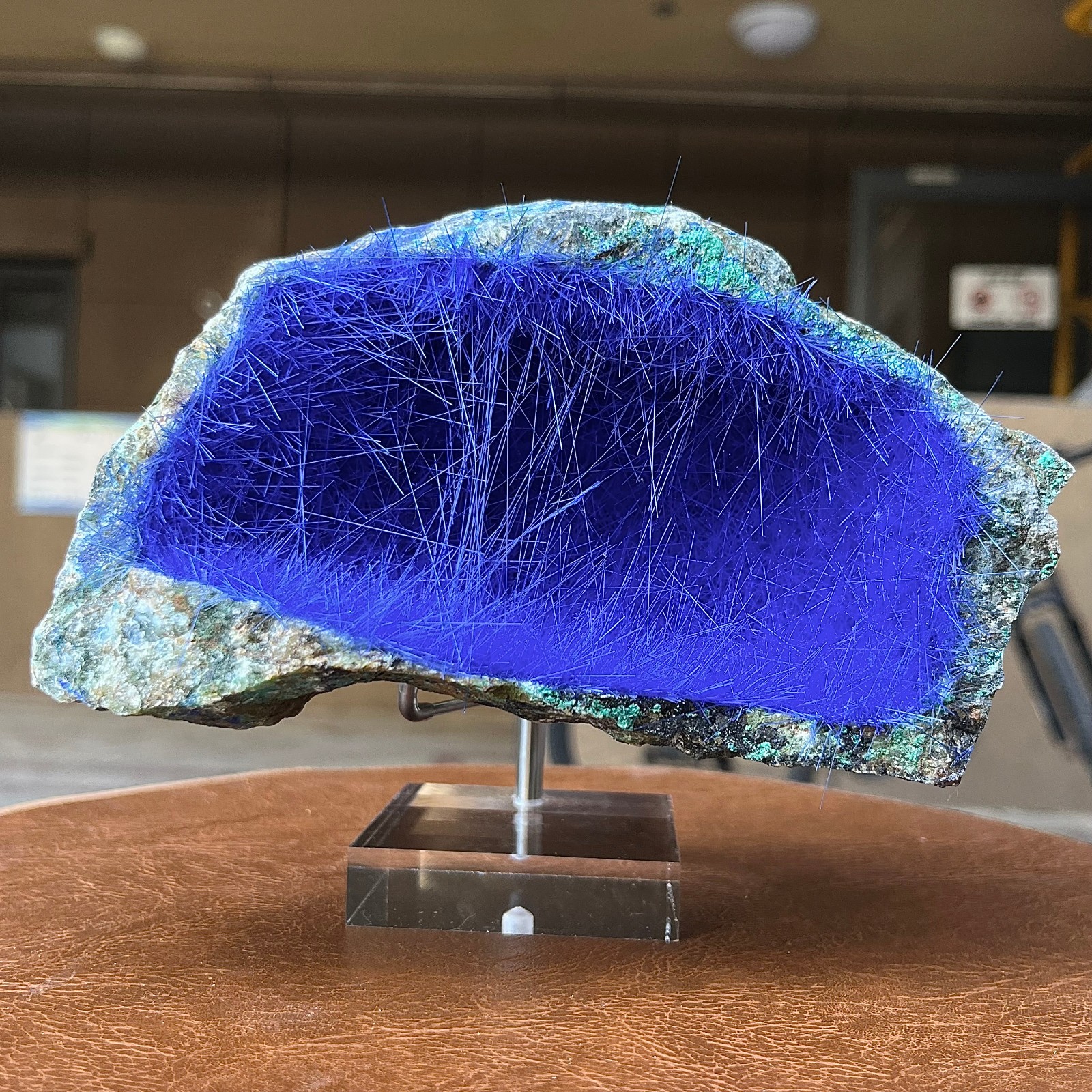 Blue Azurite Specimen with Needle Crystals on Stand - Unique Mineral Rock Blue Azurite Specimen with Needle Crystals on Stand - Unique Mineral Rock