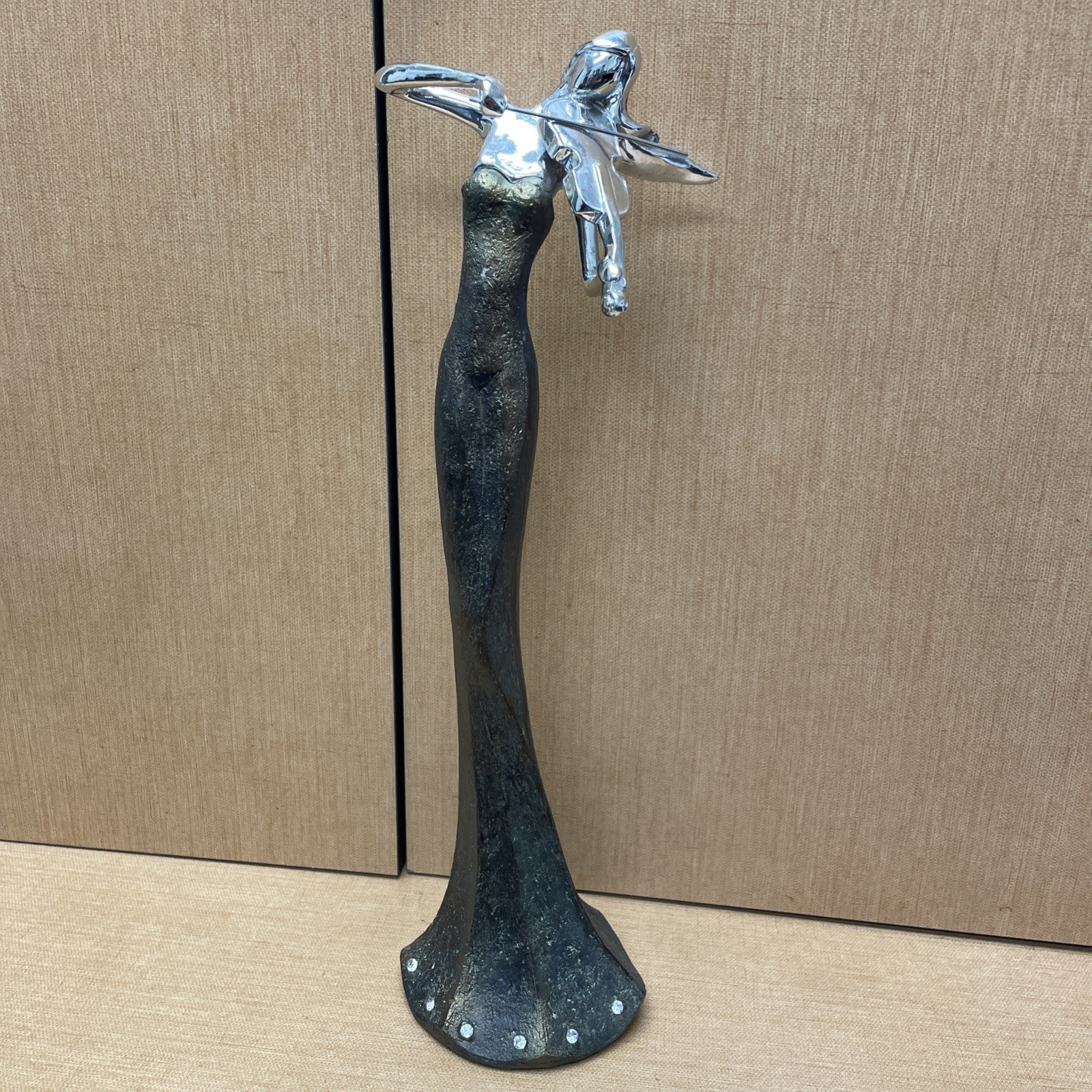 Violin Lady Sculpture Chrome Bronze Look Contemporary Modern Resin Sculpture Art