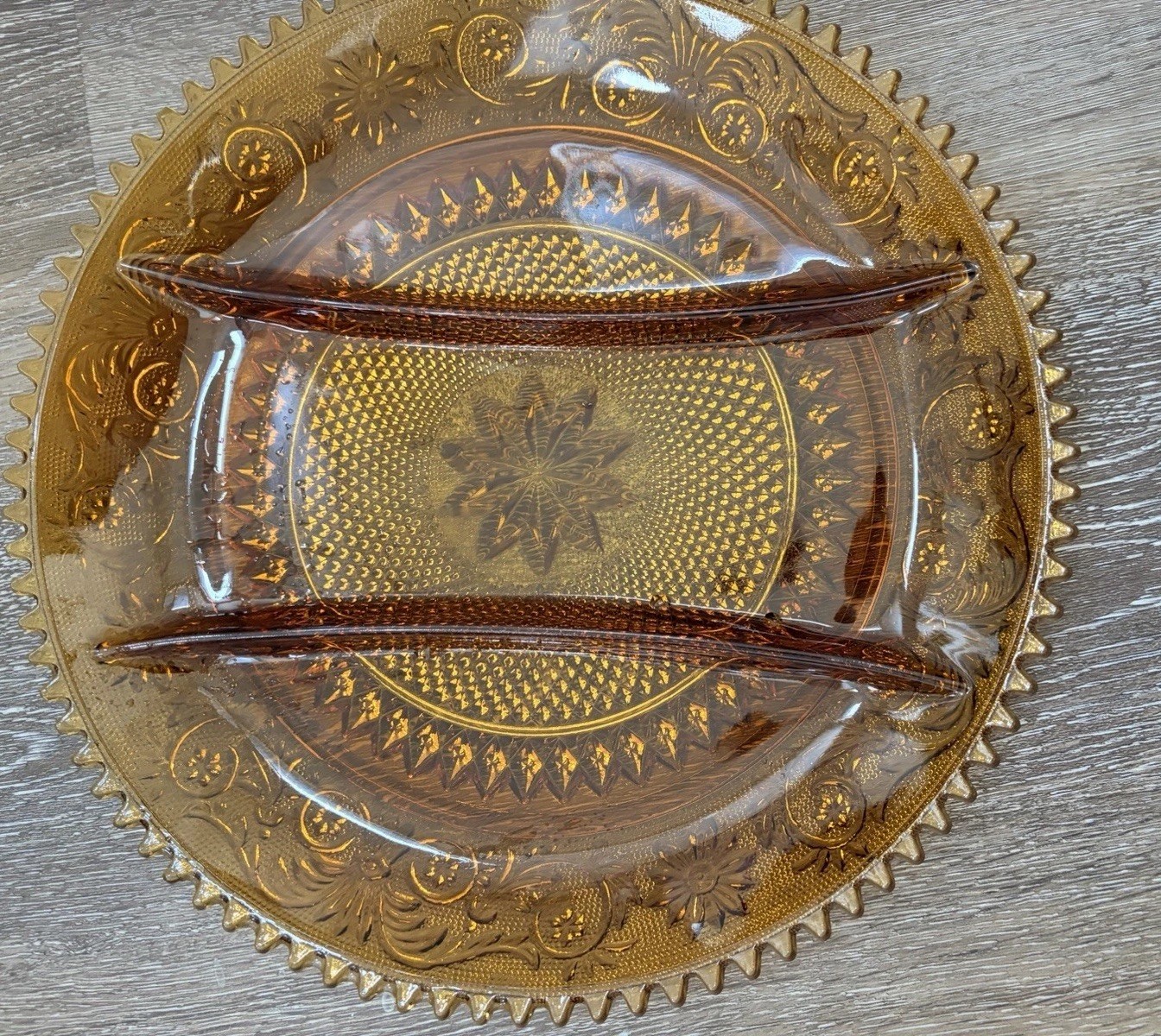 Vintage Amber Glass 3 Part Divided Serving Dish Tray Scalloped Starburst