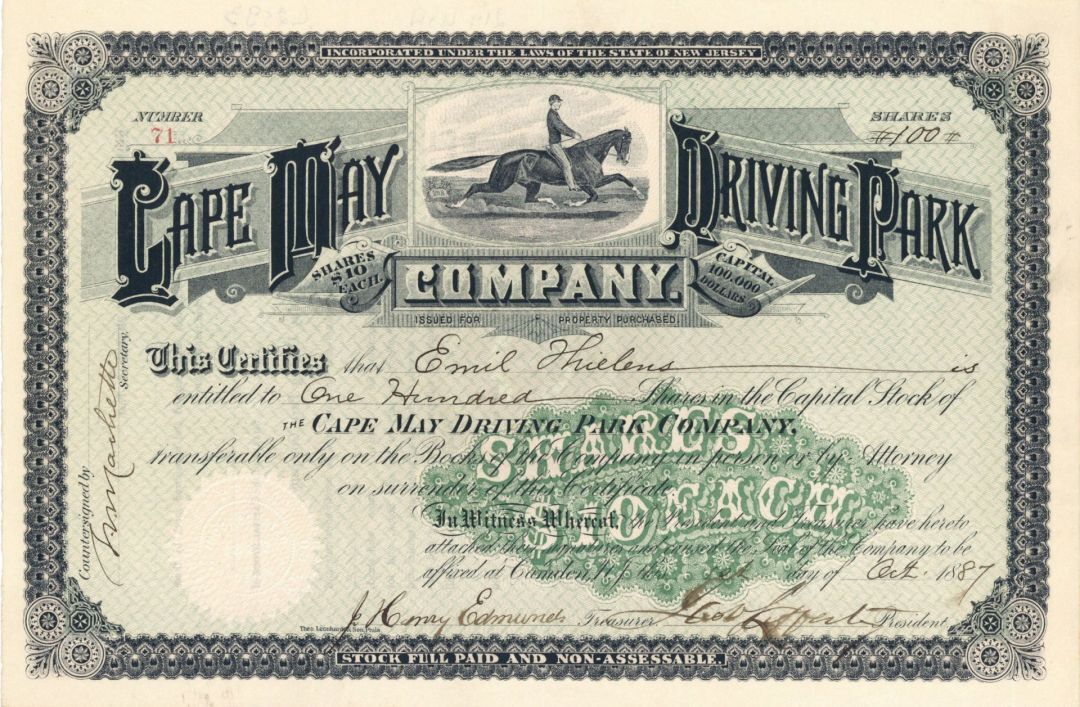 Cape May Driving Park Co. - Horse Racing Stock Certificate - General Stocks
