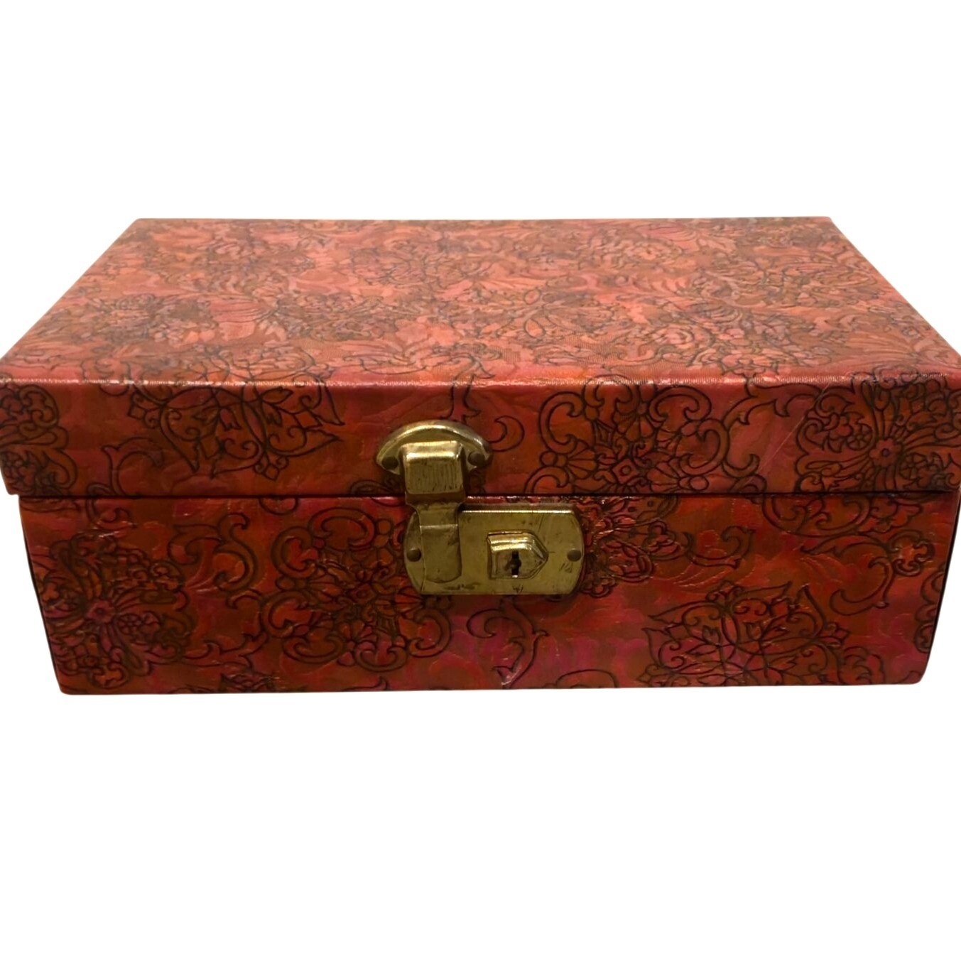 Vintage Floral Embossed Jewelry Keepsake Box w/ Brass Latch Boho Storage maroon