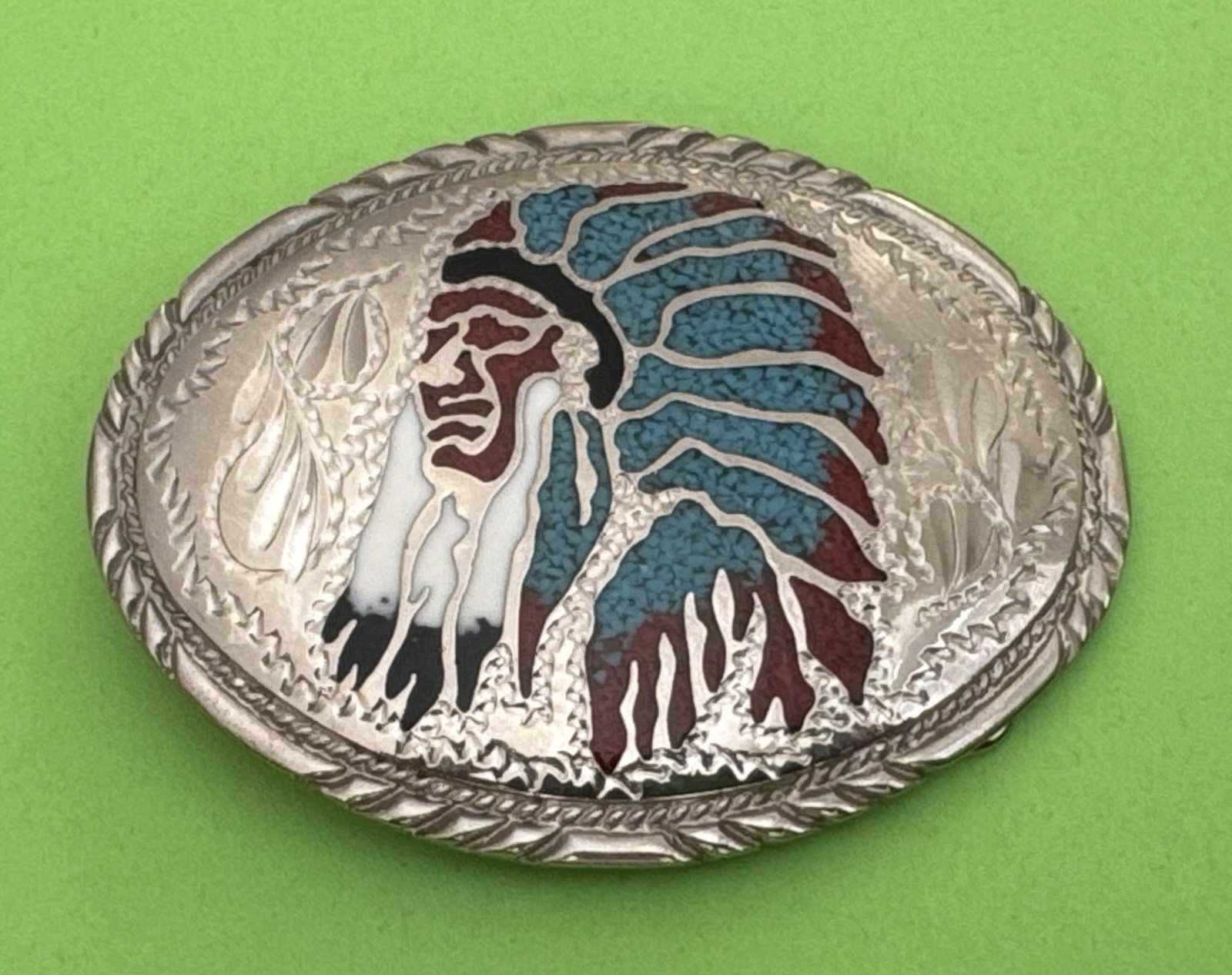 Vintage Handcrafted SSI 1988 Native American Indian Chief Gem Inlay Belt Buckle