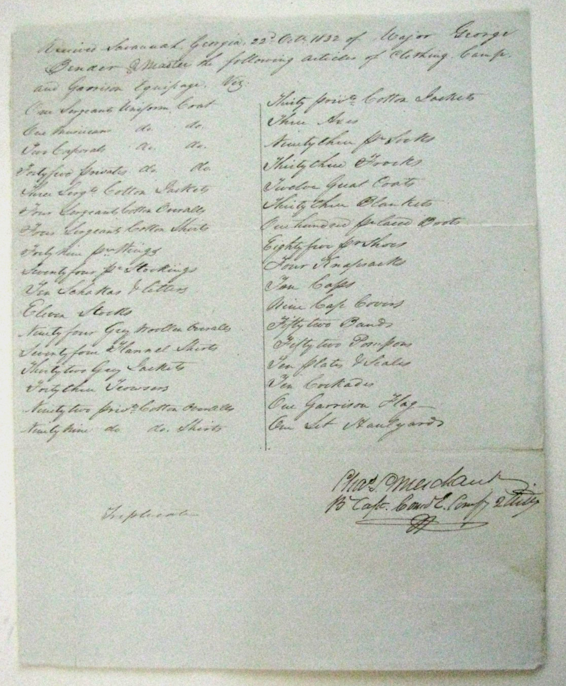 SAVANNAH GEORGIA  NULLIFICATION CRISIS 1832 US ARMY SUPPLIES