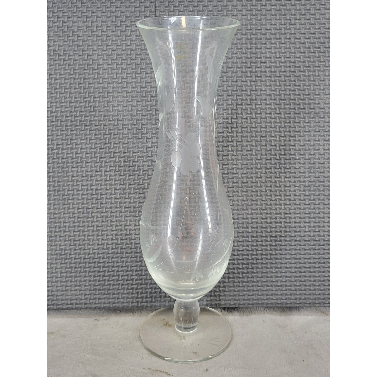 Vintage Etched Clear Glass Bud Vase Floral Leaf Pattern Footed 9.5\