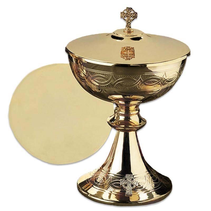 Etched Celtic Cross Ciborium With Cover Brass Gold Plated Church Communion Cup