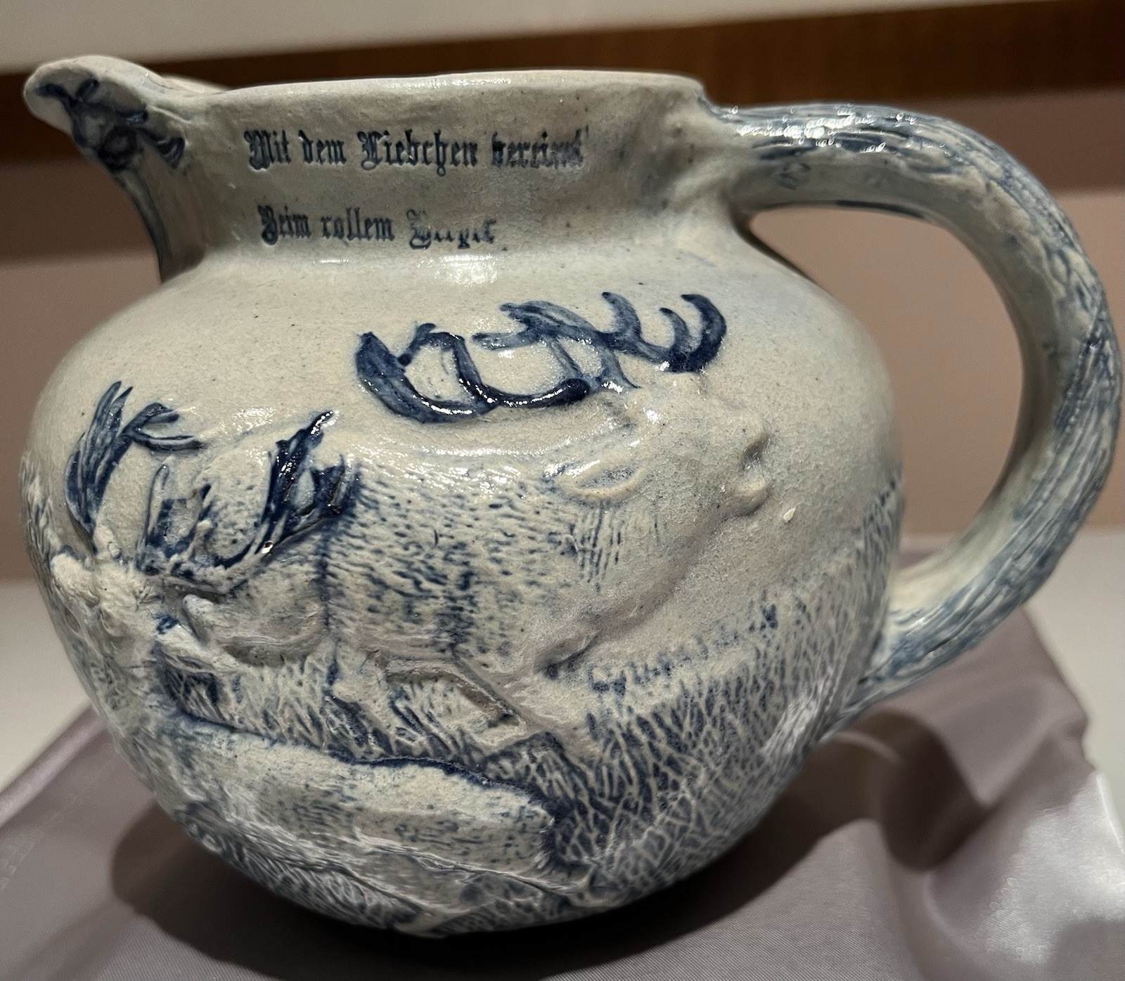 Whites & Utica Blue & Gray Stag Hunt Pitcher White’s Pottery German Writing Whites & Utica Blue & Gray Stag Hunt Pitcher White’s Pottery German Writing