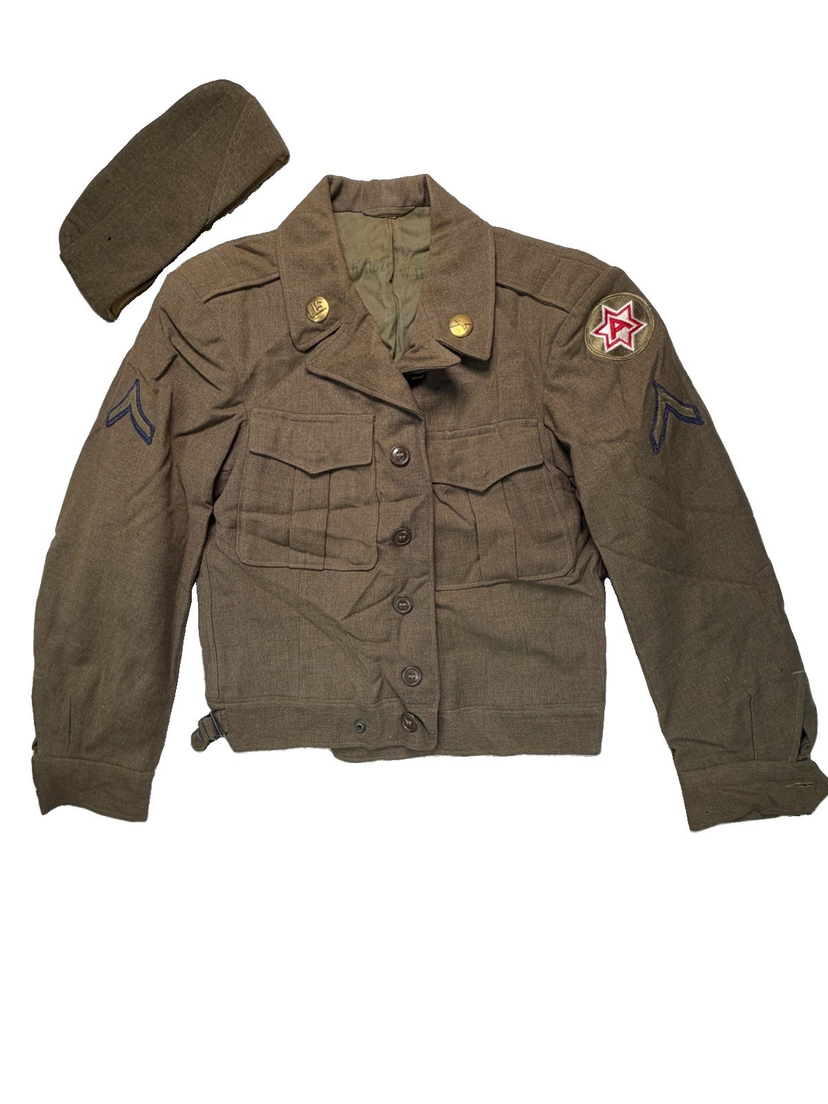 WWII 1940s US Army M1944 Ike Wool Field Coat W/ Cap Sixth Army PV1 Button Up