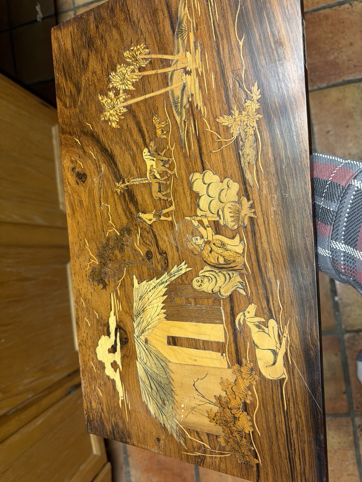 Vintage Indo Indian Marquetry & Bone Inlay Rosewood Panel Plaque - Village
