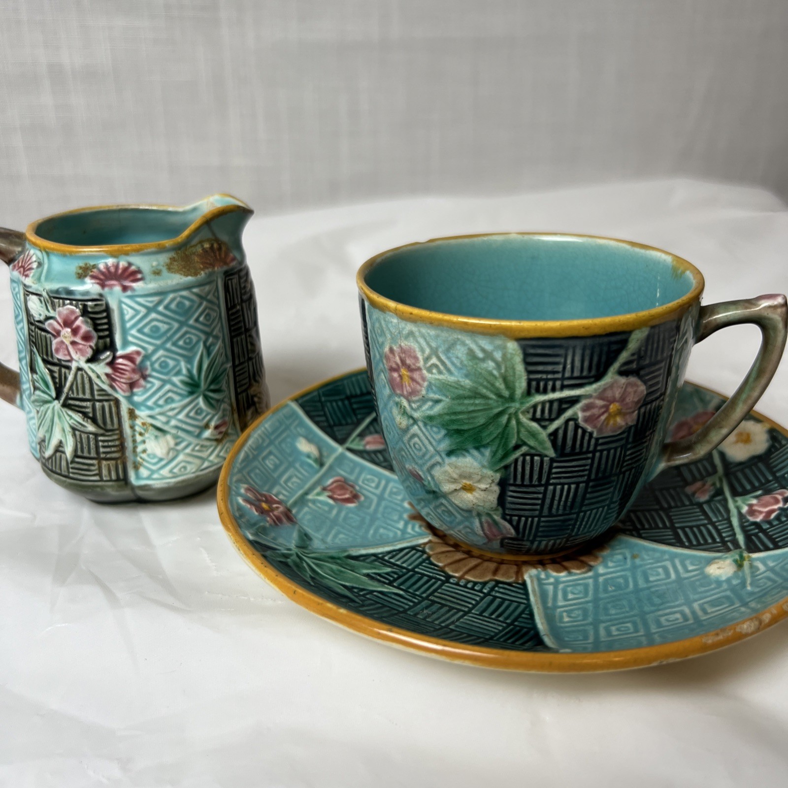 Antique Wedgwood Majolica Tea Cup Saucer Creamer C.1880-1890 Japanese Aesthetic 