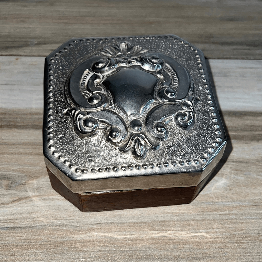 VINTAGE WOOD TRINKET BOX SILVER-PLATED Top Jewelry Dresser Set Trinket Box