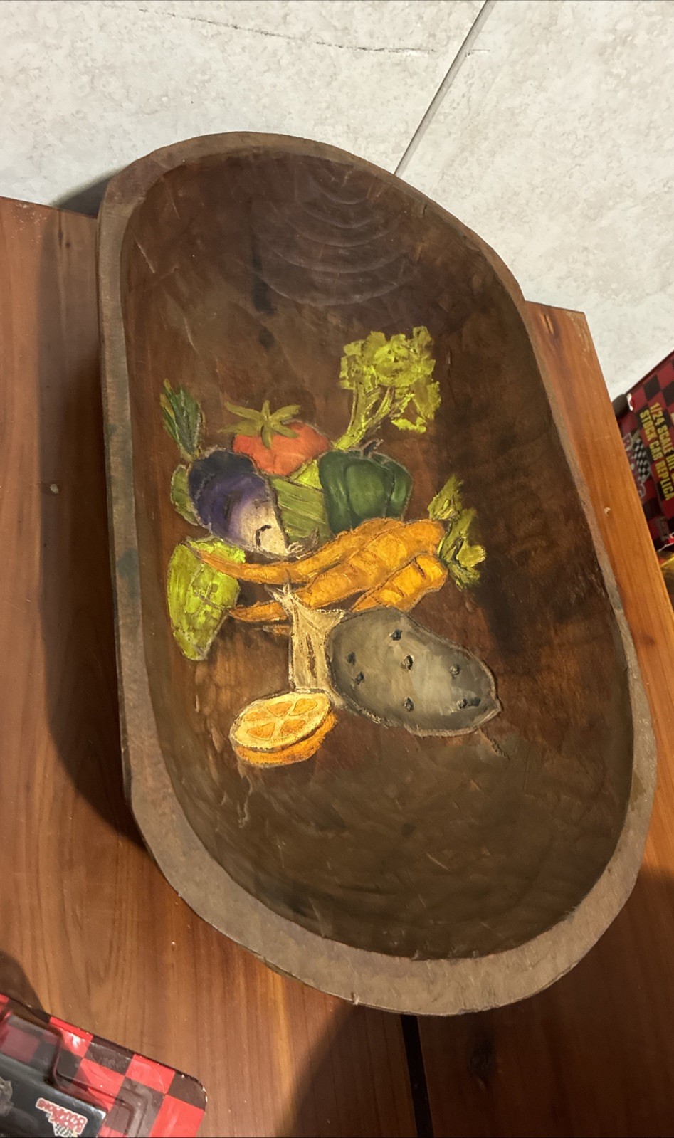 Vintage Hand Carve And Painted Fruits Dough Bowl