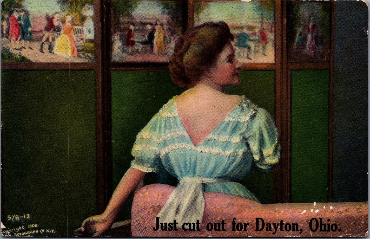 1908 Rotograph Dayton Ohio Comic Postcard Woman Looking at Pictures 1908 Rotograph Dayton Ohio Comic Postcard Woman Looking at Pictures