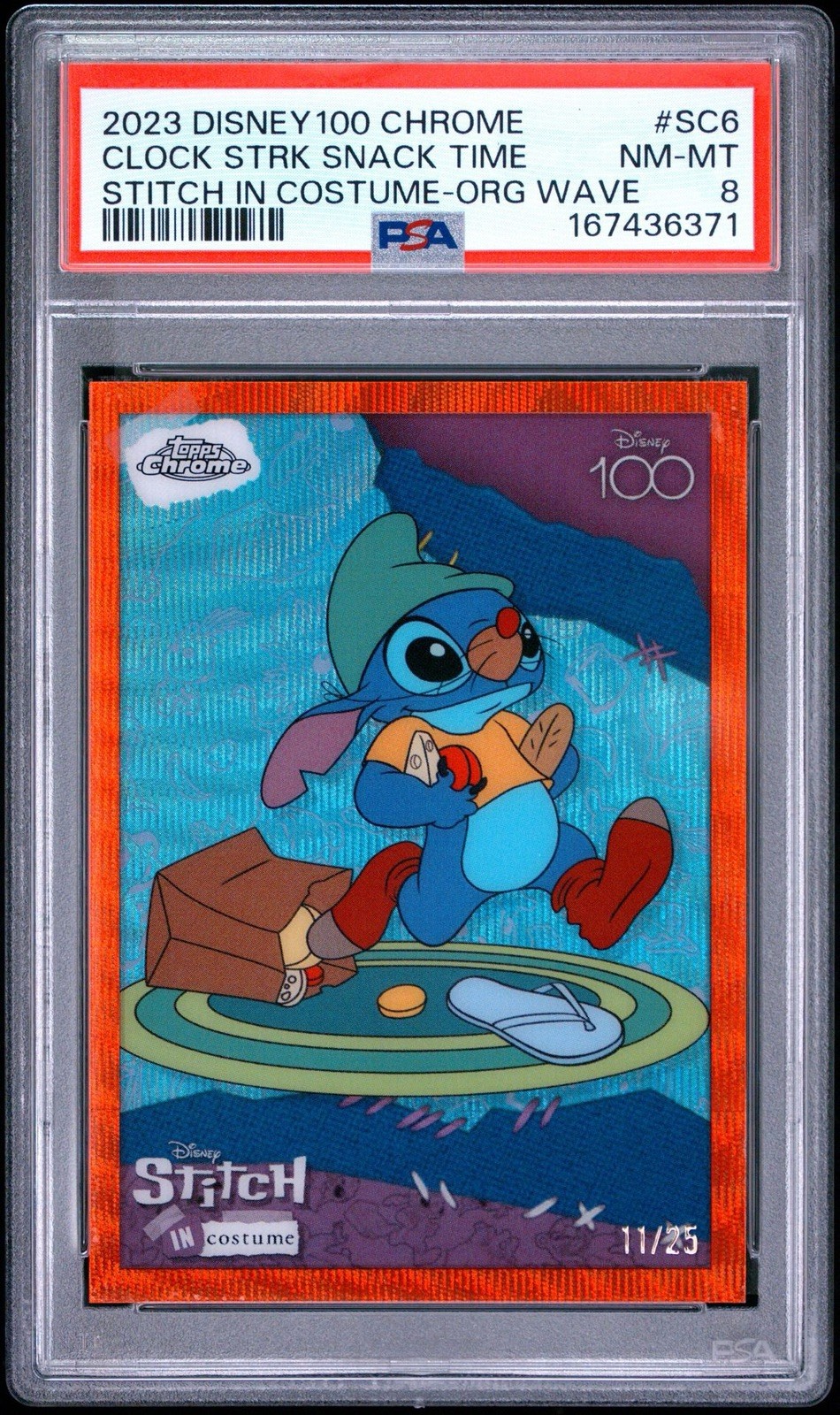 2023 Topps Chrome Disney 100 Stitch in Costume Snack Time Orange Wave /25 PSA 8
