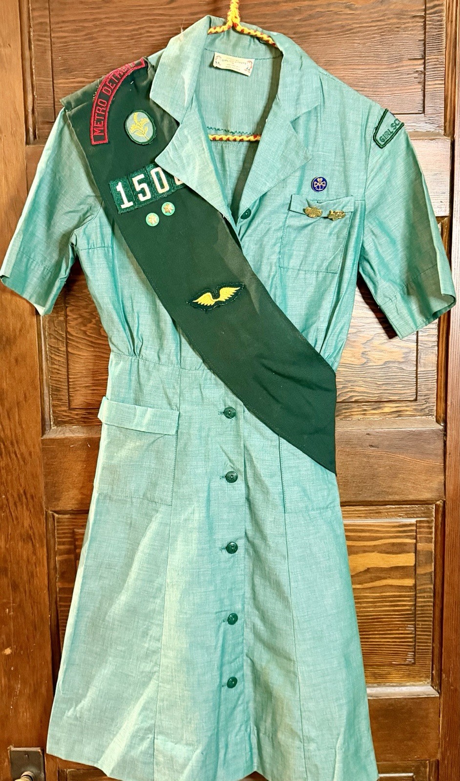 VTG 1960s-70s Girl Scout America Uniform Green Dress Sash Patches Pins Detroit S