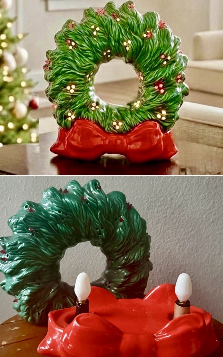 Vintage Light Up Ceramic Christmas Wreath Green Red Bow Base Vintage Light Up Ceramic Christmas Wreath Green Red Bow Base