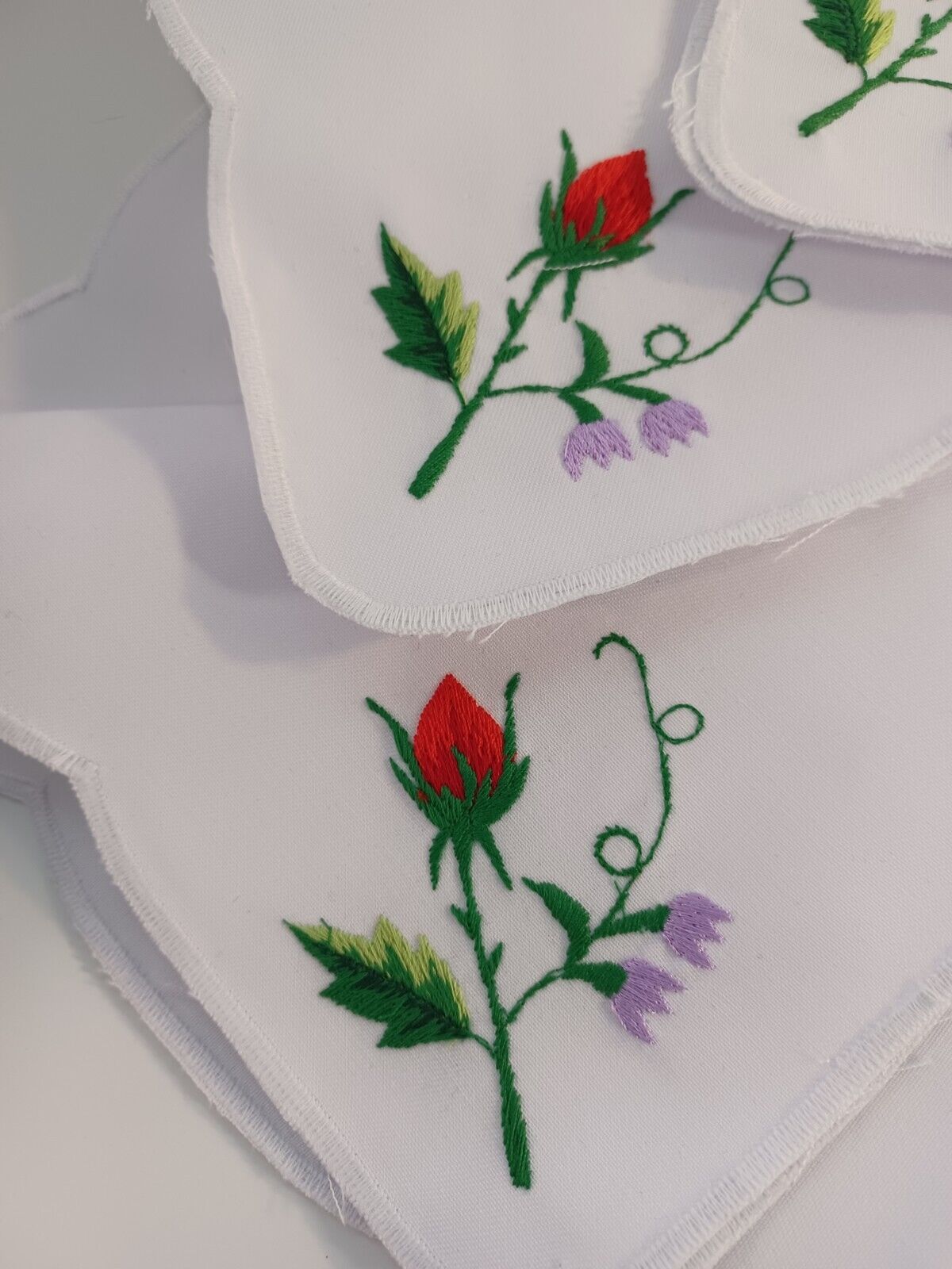 White linen napkins and Small Table Topper Embroidered Rosebuds Cottagecore 