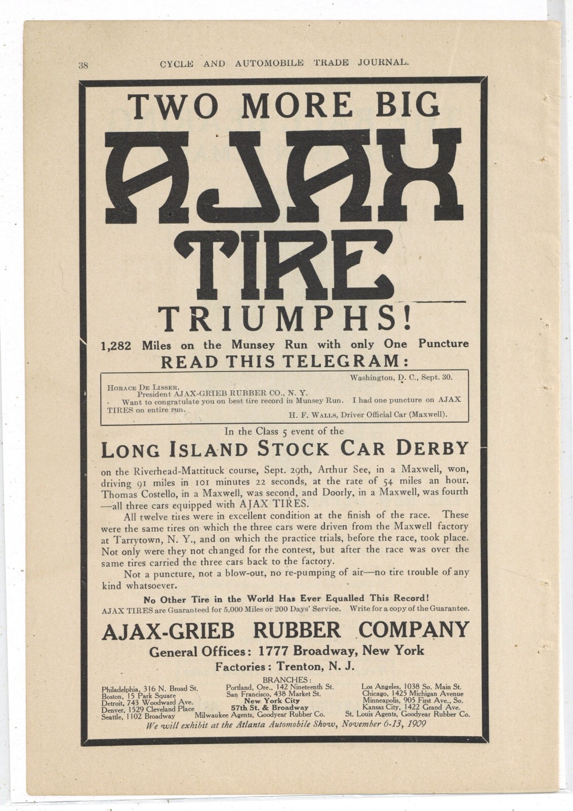 1910 Ajax Tire Ad: Riverhead Mattituck Course, Long Island Stock Car Race Theme