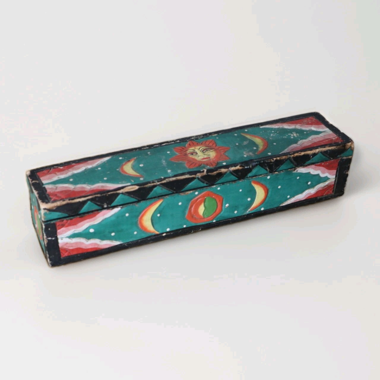 Vintage Folk Art Astral Celestial Sun Moon Stars Incense box Decor Wood 12 3/4\ Vintage Folk Art Astral Celestial Sun Moon Stars Incense box Decor Wood 12 3/4\
