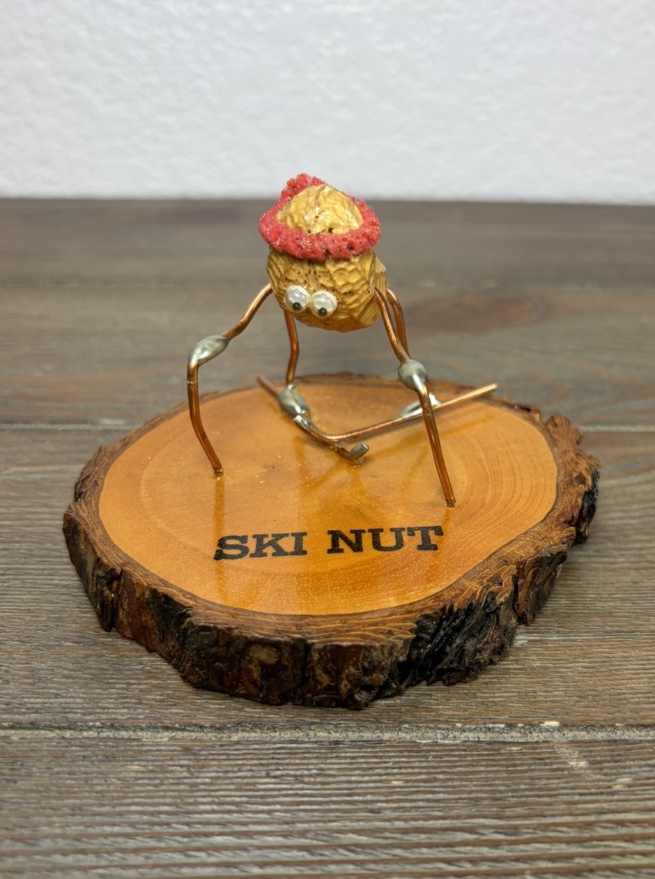Vintage Souvenir Handmade Peanut Skier on wood base ‘Ski Nut’ Funny Novelty