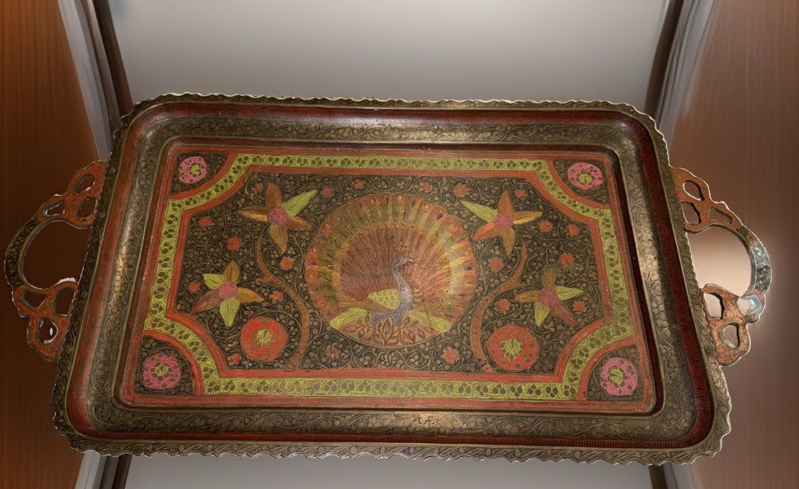 Vintage Hand-Etched &  Hand Painted Brass Peacock Tray India 1960’s Boho