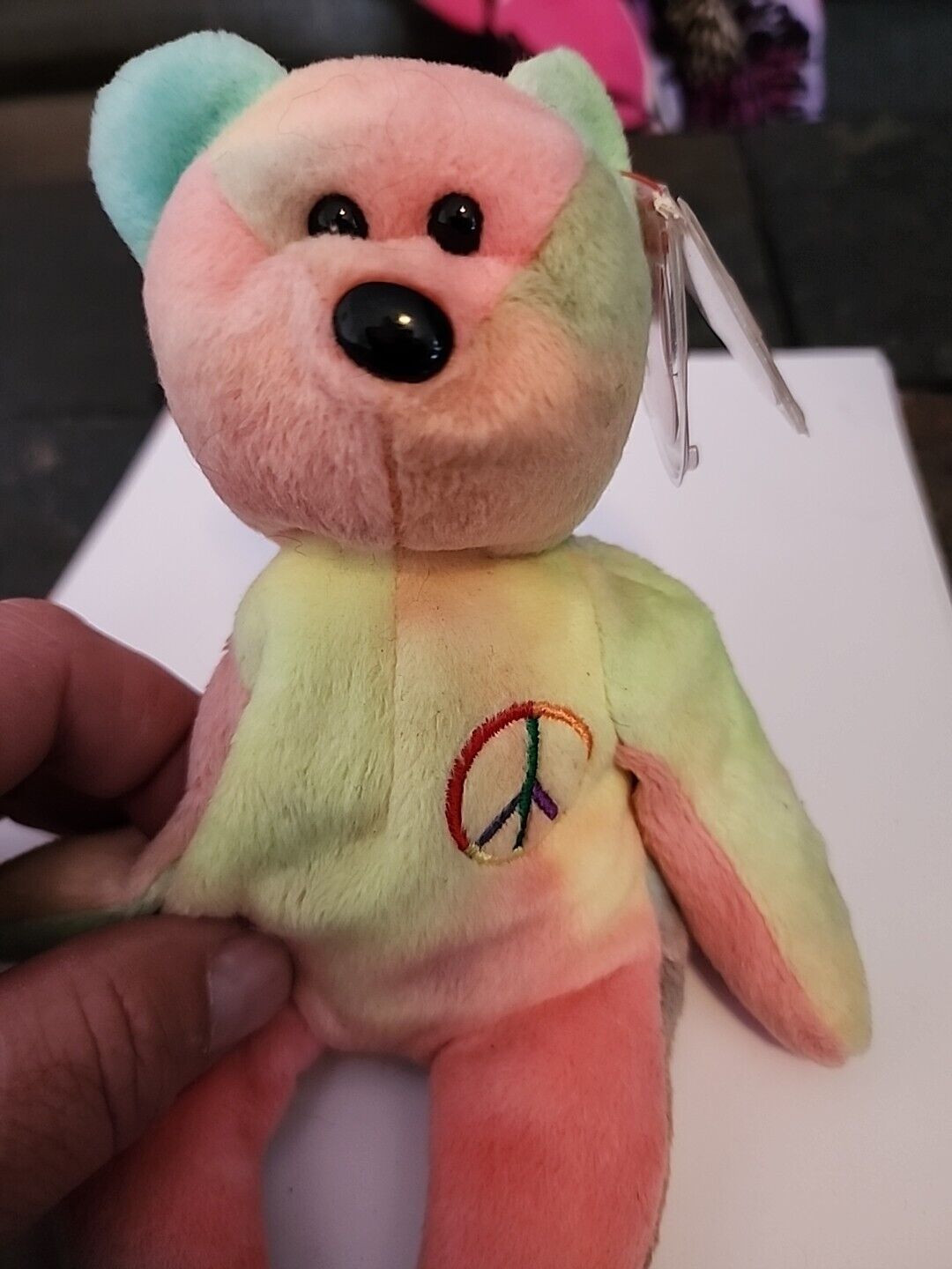 1996 Peace Bear Ty Beanie Baby Plush Collectible Crooked Nose, Tage Error 