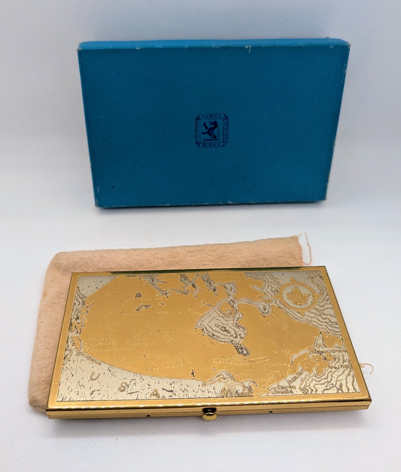 Vintage Birks Wadsworth Canada Map Brass Cigarette Case Card Holder w/ Box 1940s