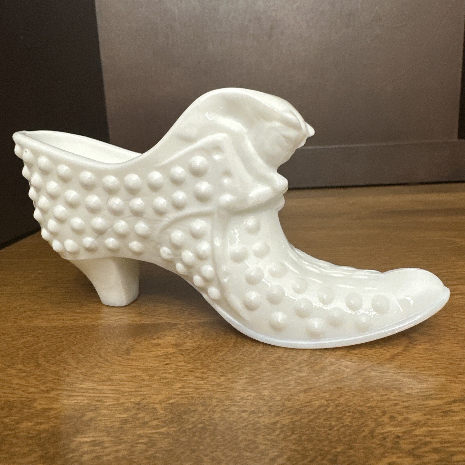 Fenton Shoe Art Glass White Cat Head Hobnail Slipper ~6” Vintage