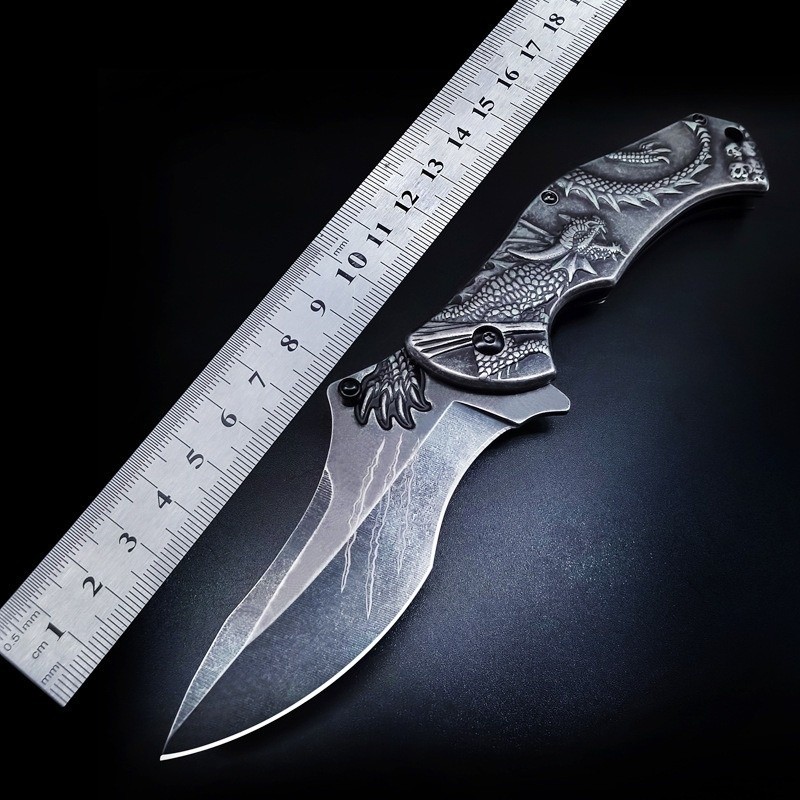 High Quality Stainless Steel Dragon Embossed Folding Knife Tactical Camping EDC