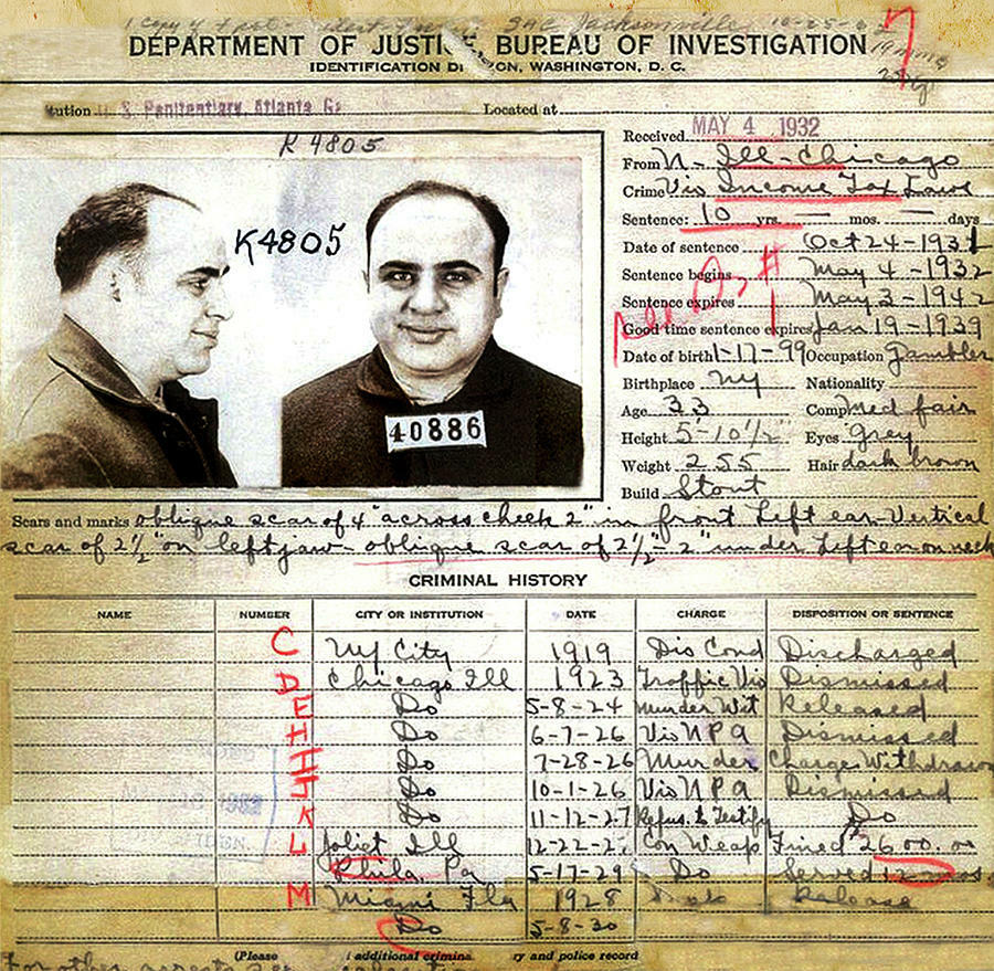 Al Capone\'s Mug Shot, with arrest record vintage photo reproduction  016