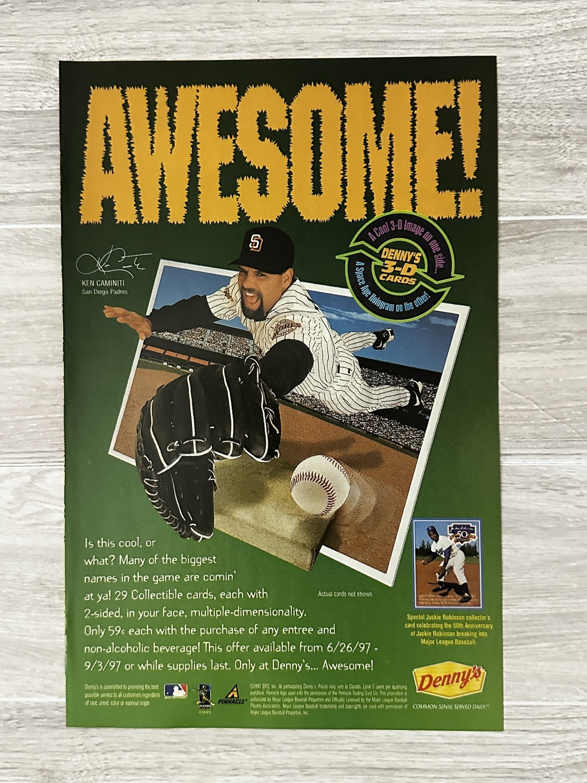 1997 Denny's 3-D Cards Promo Poster Ken Caminiti Padres Pinnacle Advertising