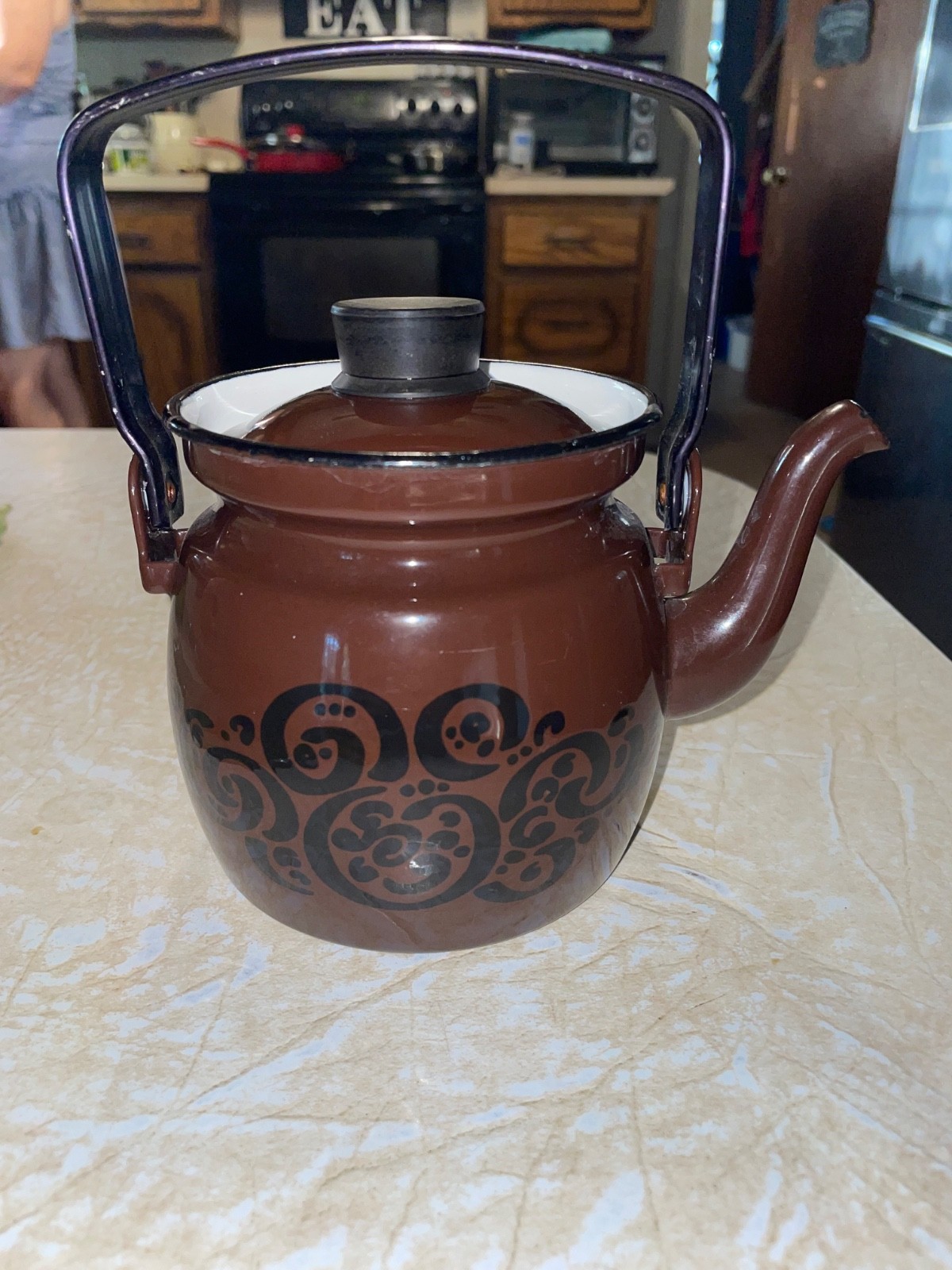 vintage Finel Kesti brown enamel teapot kettle with an orient pattern