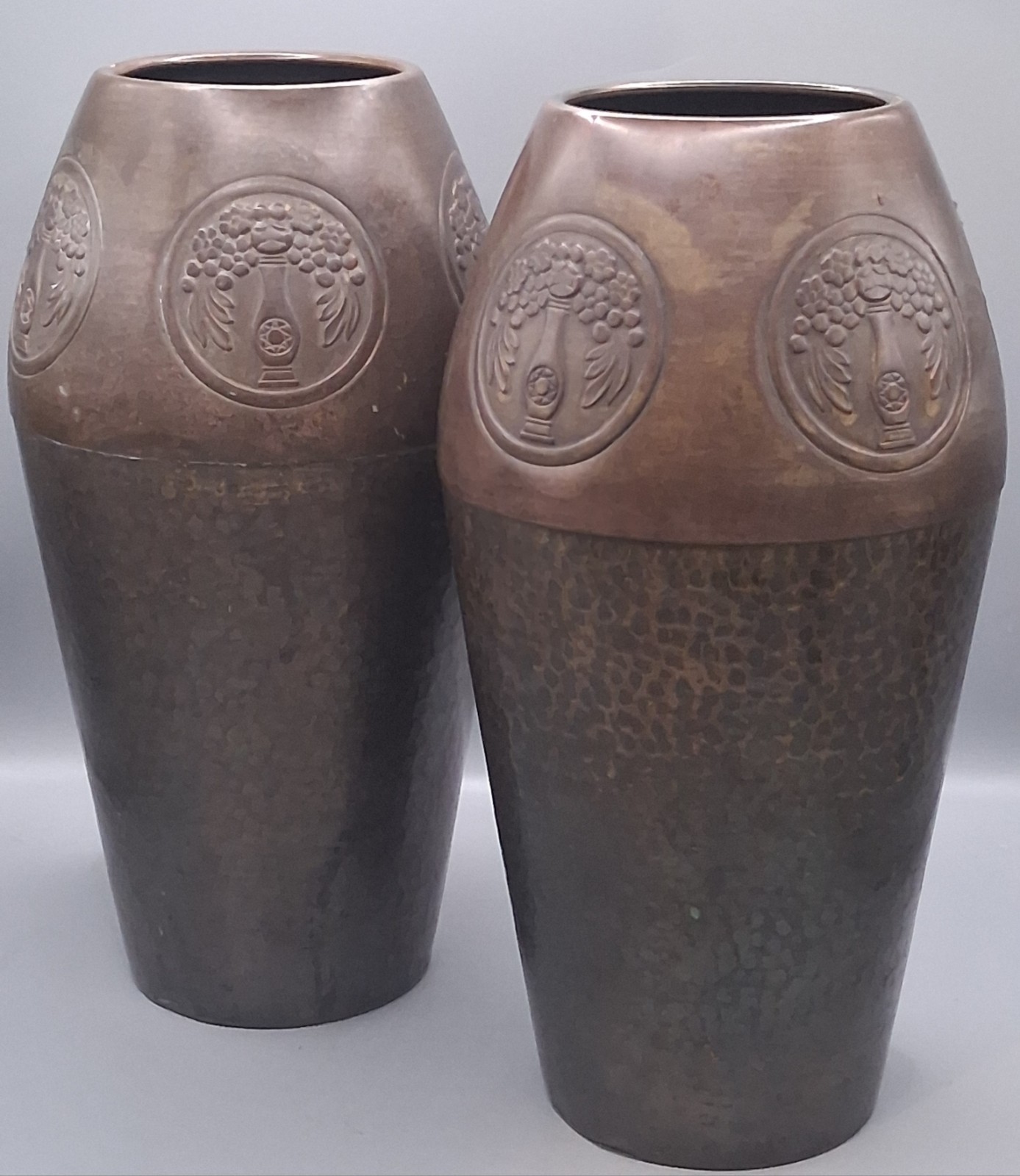 Antique WMF Jugendstil Art Nouveau Hammered Brass Copper Vases Pair ~10