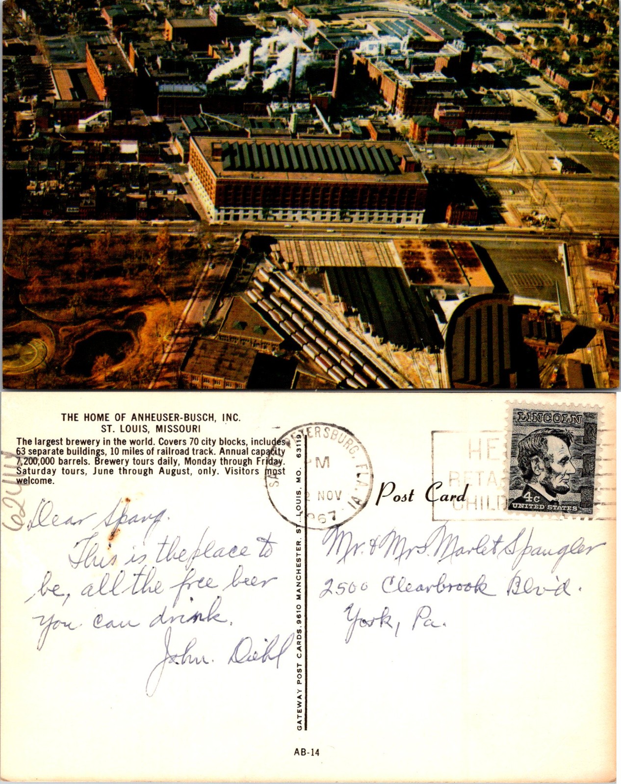 St. Louis MO Home Of Anheuser-Busch Inc. Brewery Postcard 62414