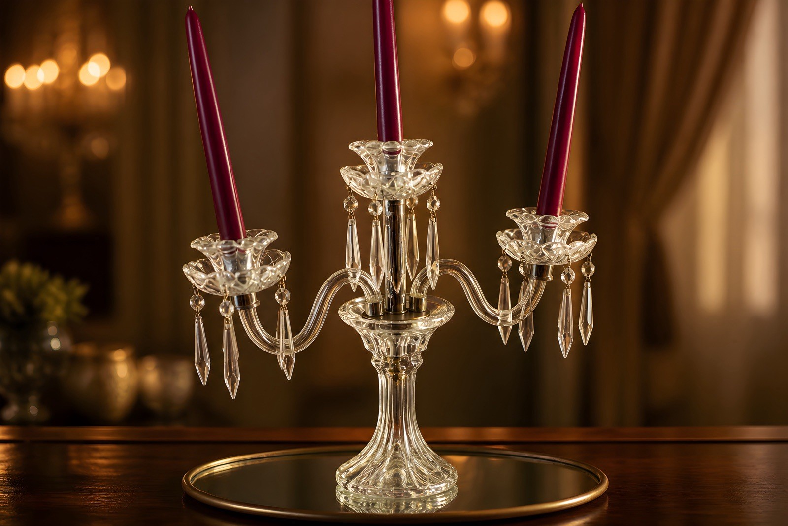 Vintage three-arm Crystal Candelabra with hanging prisms 18” Made In Slovakia