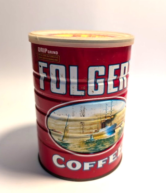 Vintage Folgers Sealed Coffee Can with Original Plastic Lid On Top 1 lb Empty