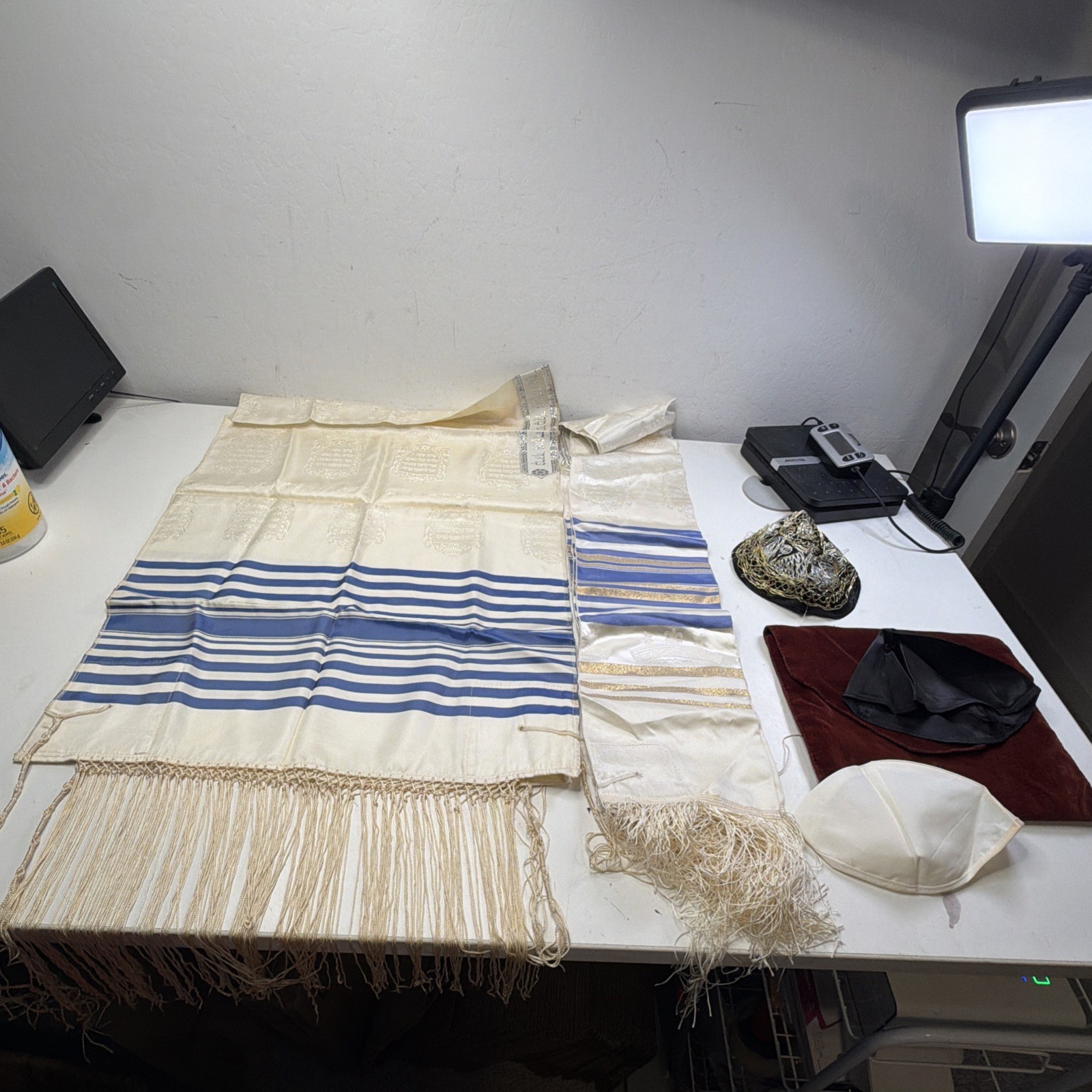 Vintage Jewish Tallit Prayer Shawl w/ Velvet Bag Shalom & Yamaka