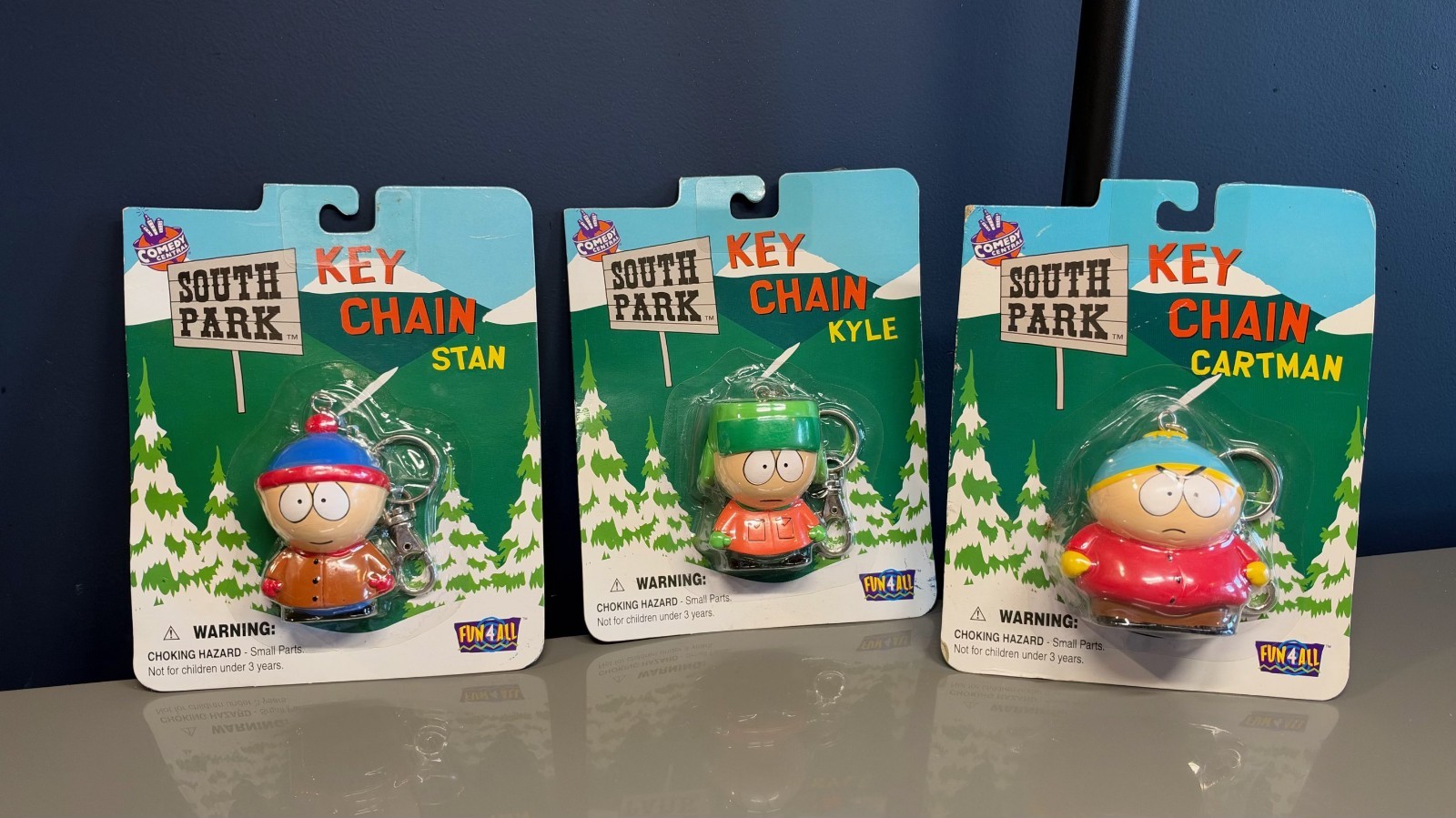 VINTAGE 1998 SOUTH PARK KEY CHAINS – STAN, KYLE & CARTMAN – NEVER OPENED