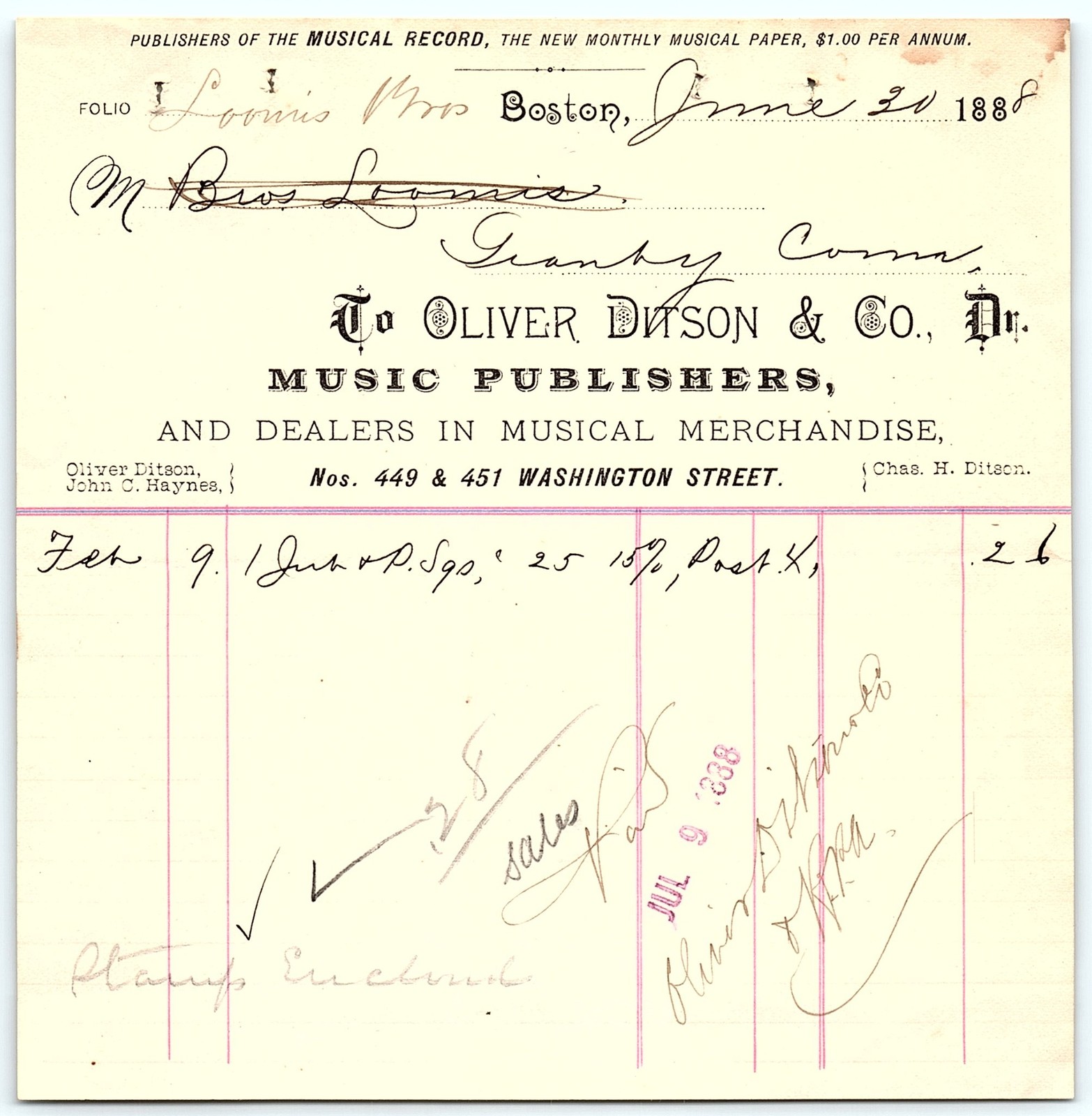 1888 Oliver Ditson & Co. Music Publishers Billhead
