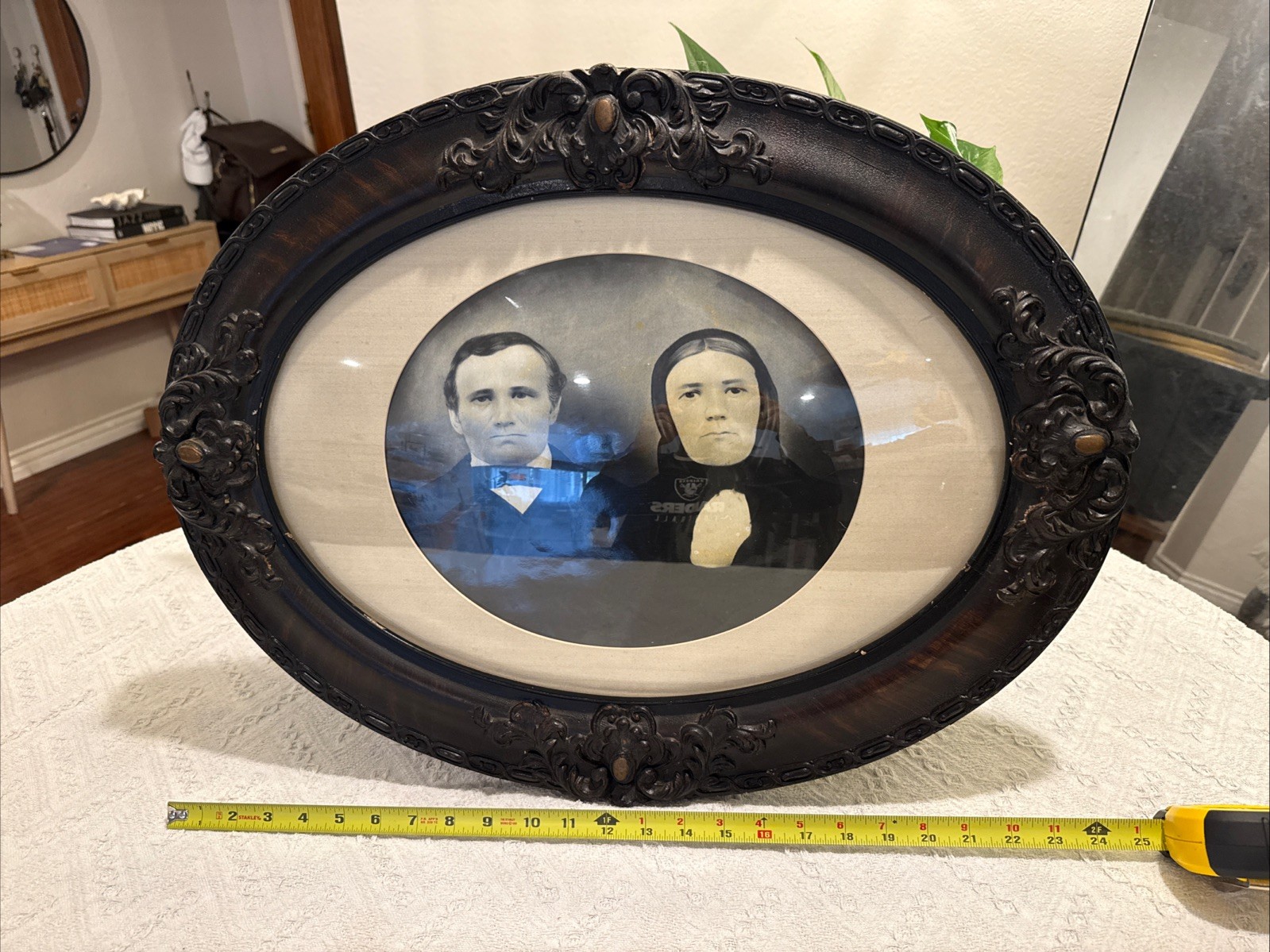 Antique Victorian Mourning Portrait Couple Oval Ebonized Frame Convex RARE