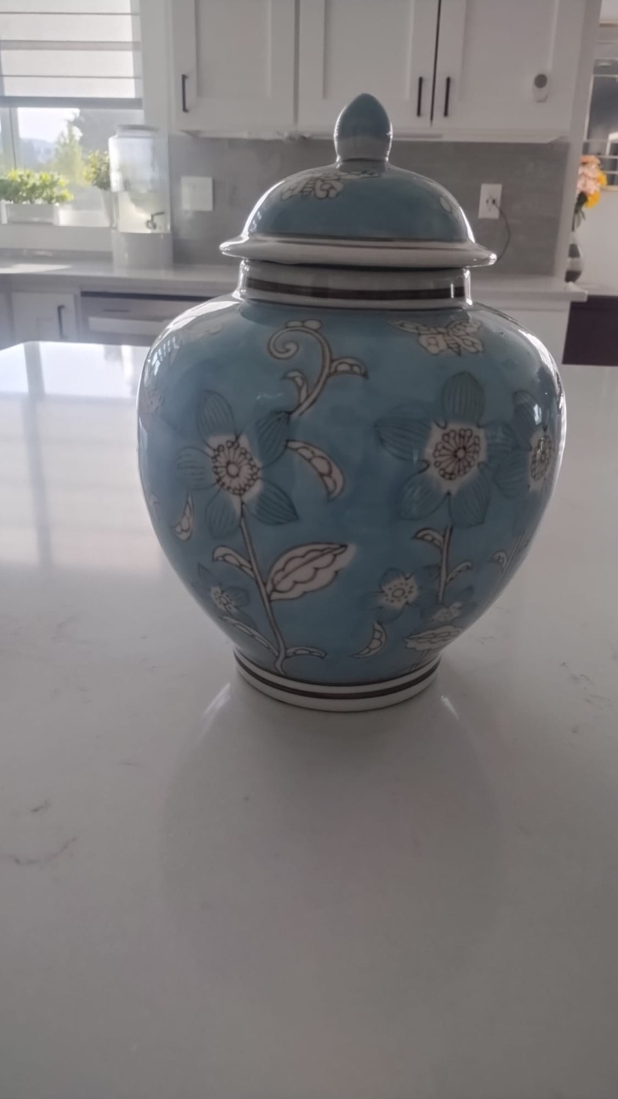 Chinoiserie Light Blue Ceramic Ginger Jar with Lid Floral Butterfly Urn Vase